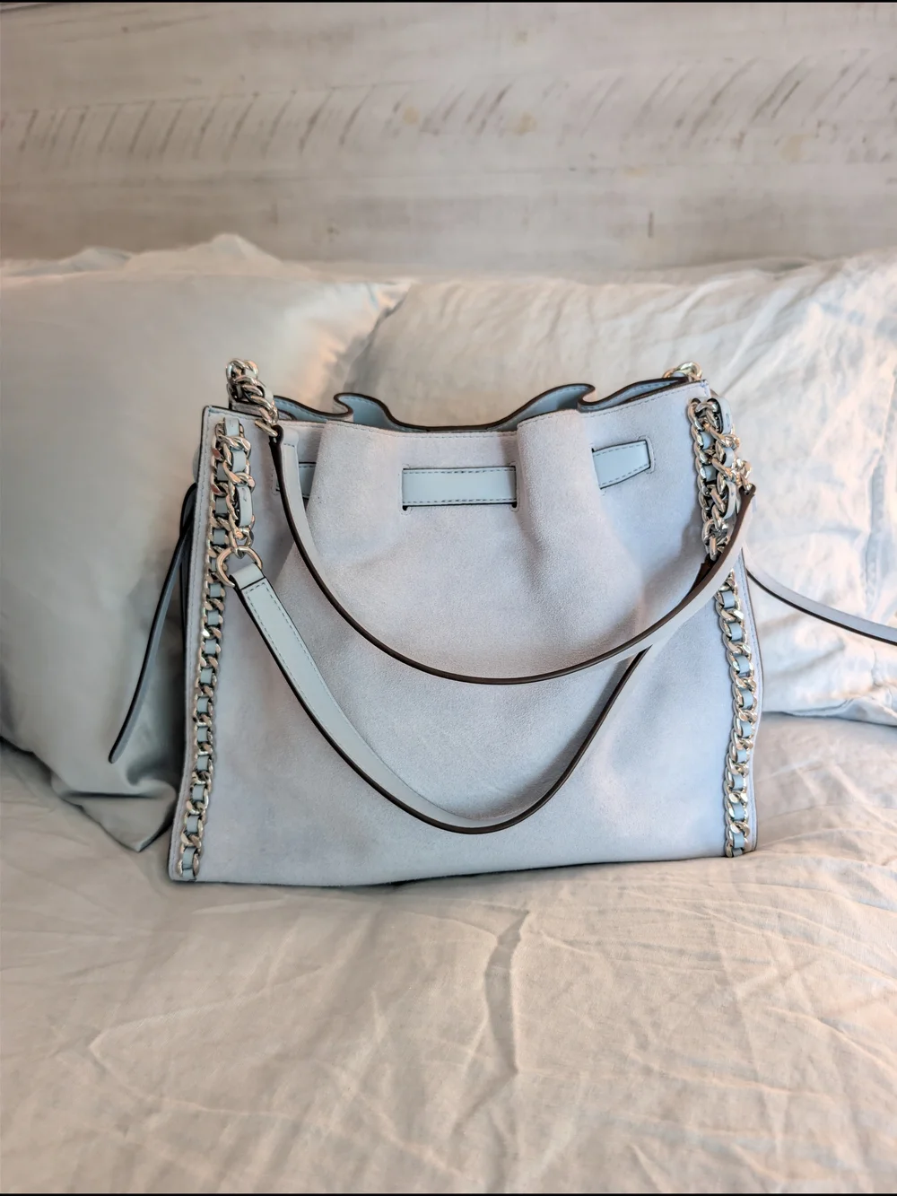 ​Michael Kors Mina Large Suede Chain Shoulder Bag Cornflower Blue Silver MK